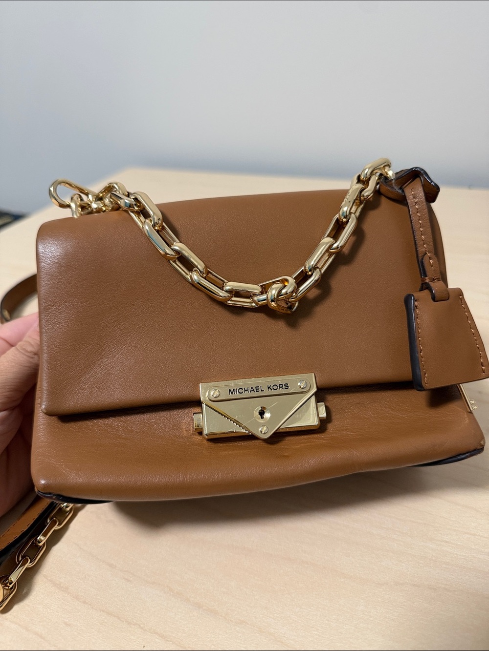 MICHAEL Michael Kors Brown Leather Chain Crossbody Bag with Gold Hardware